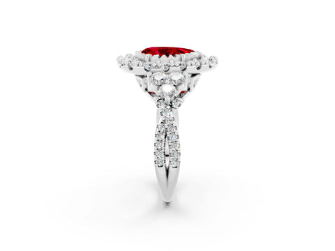 White gold Pear Cut Ruby Halo Ring with Pavé Band and Four-Prong Setting_14