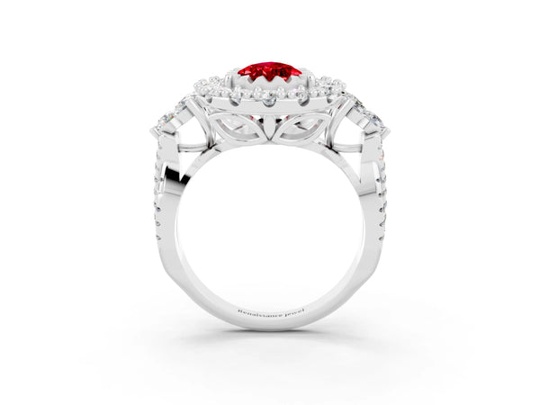 Platinum Pear Cut Ruby Halo Ring with Pavé Band and Four-Prong Setting