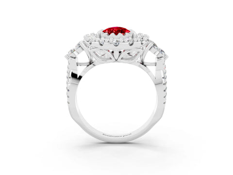 White gold Pear Cut Ruby Halo Ring with Pavé Band and Four-Prong Setting_15