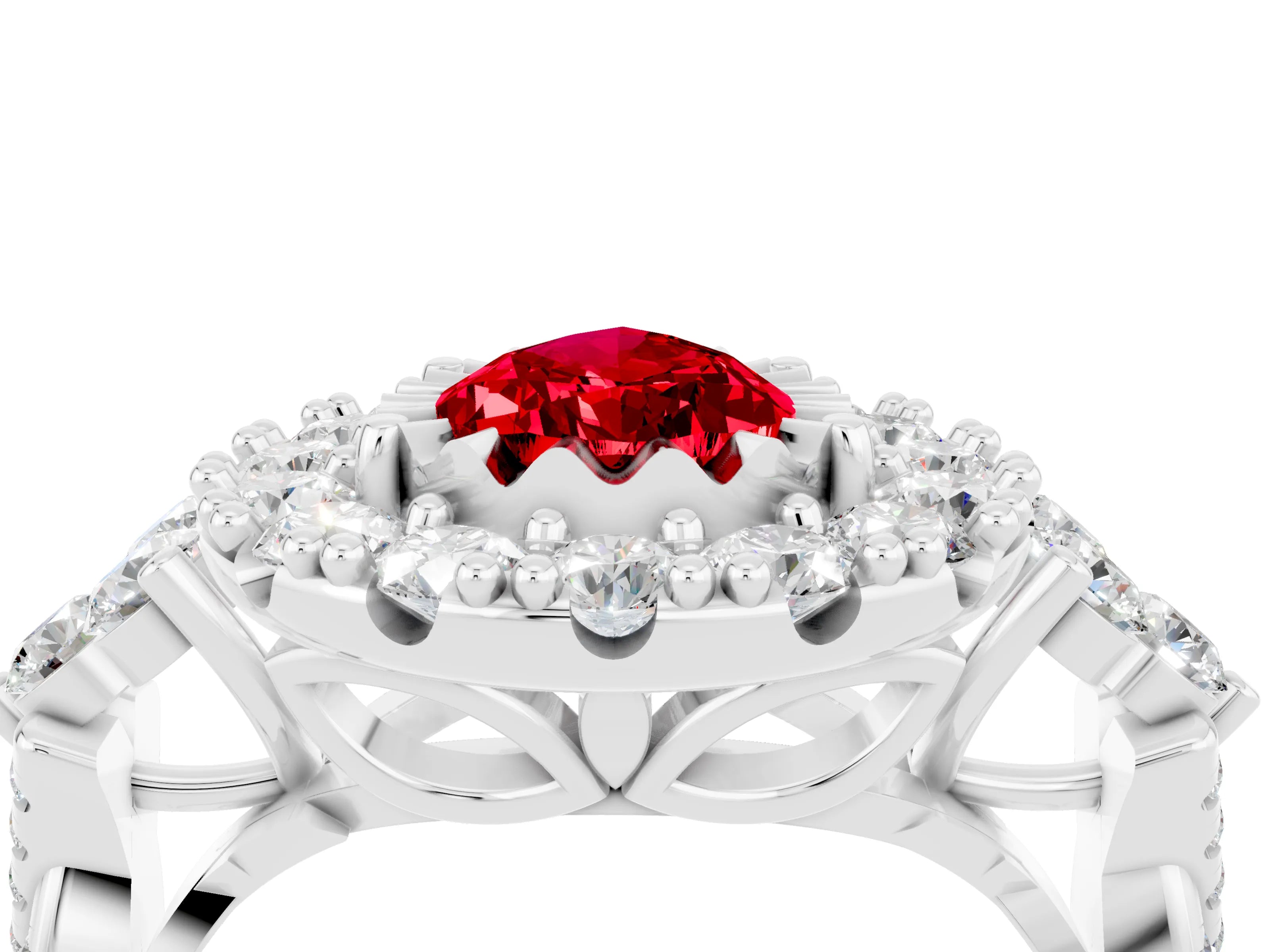 White gold Pear Cut Ruby Halo Ring with Pavé Band and Four-Prong Setting_16