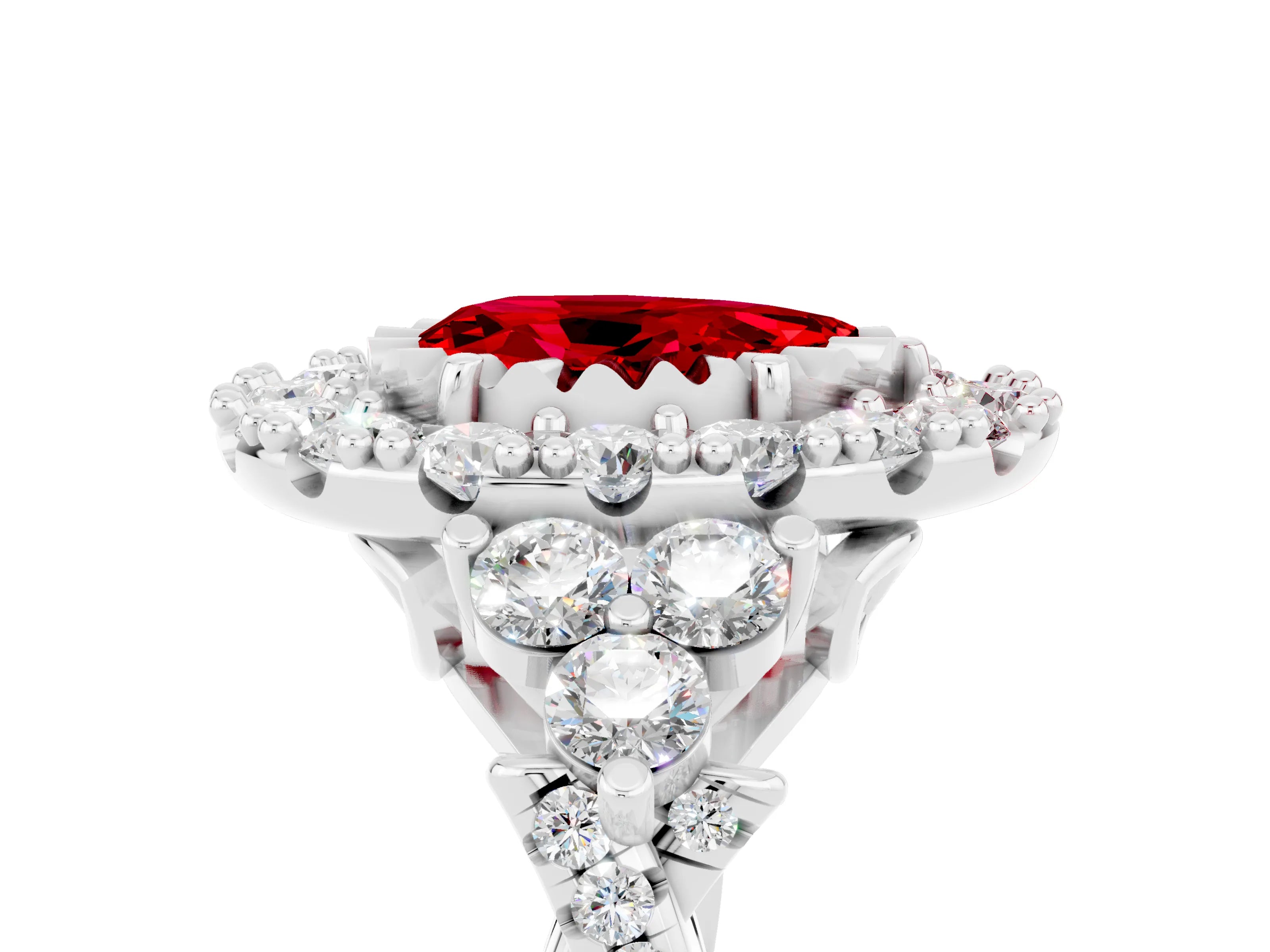 White gold Pear Cut Ruby Halo Ring with Pavé Band and Four-Prong Setting_17