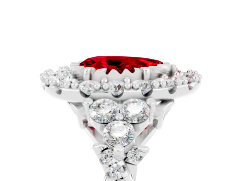White gold Pear Cut Ruby Halo Ring with Pavé Band and Four-Prong Setting_17