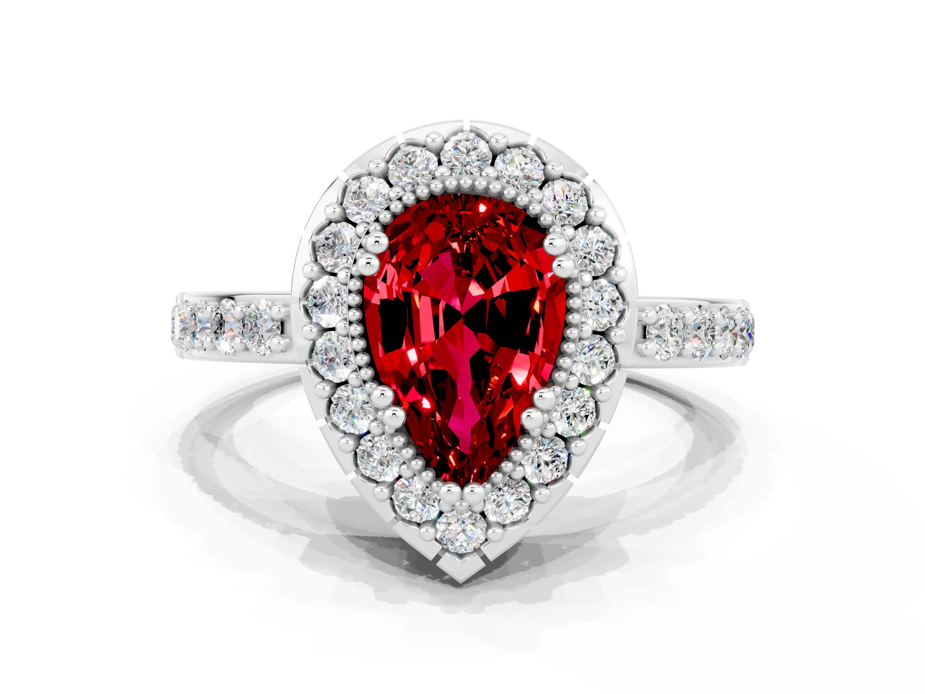 White gold Pear Cut Ruby Halo Ring with Pavé Band and Prong Setting
