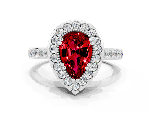Platinum Pear Cut Ruby Halo Ring with Pavé Band and Prong Setting