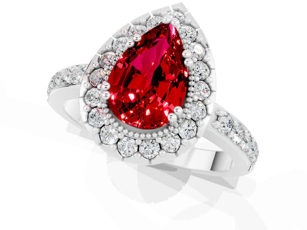 Platinum Pear Cut Ruby Halo Ring with Pavé Band and Prong Setting