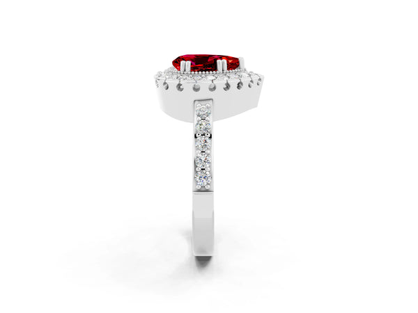 Platinum Pear Cut Ruby Halo Ring with Pavé Band and Prong Setting