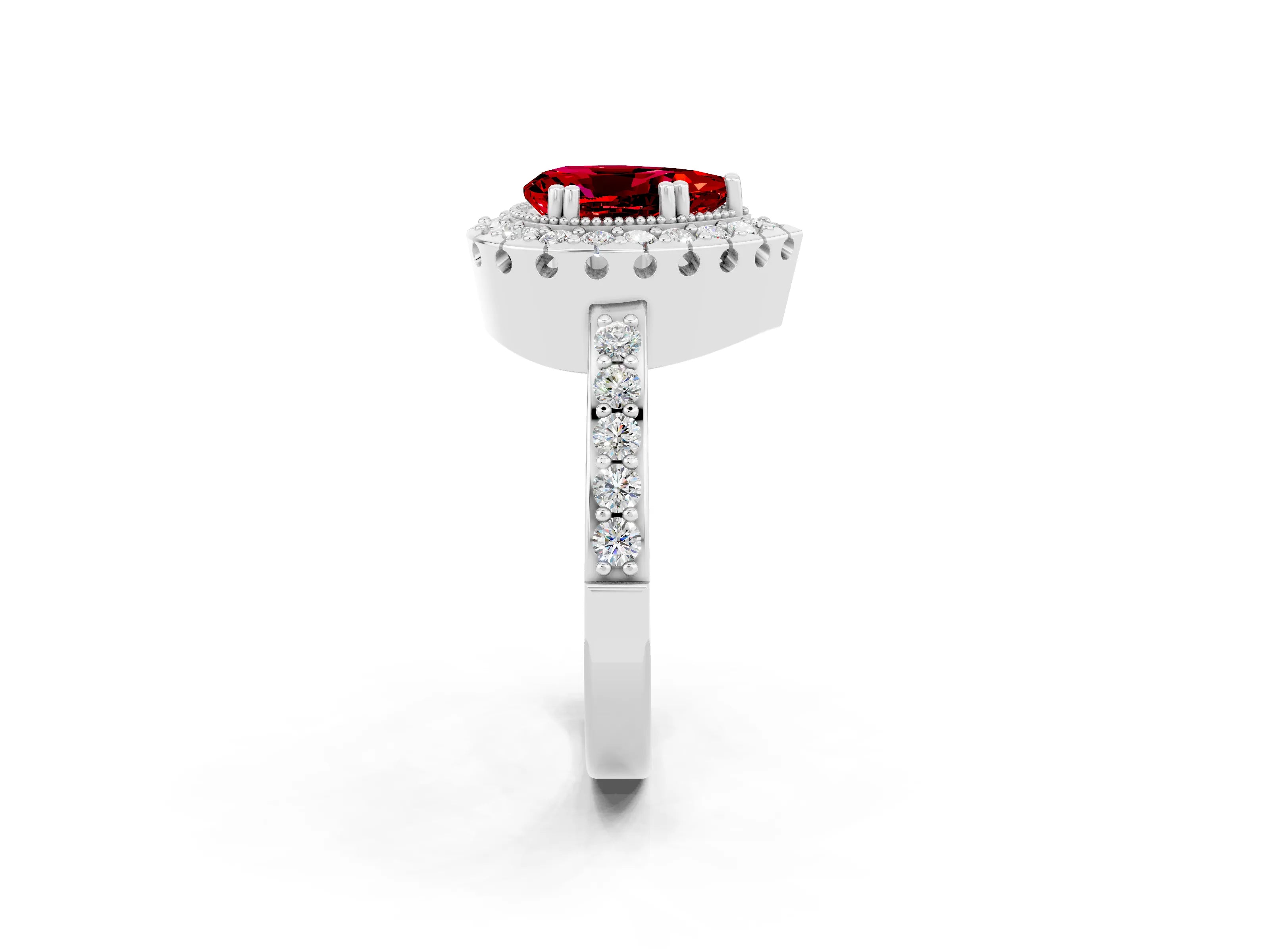 White gold Pear Cut Ruby Halo Ring with Pavé Band and Prong Setting_2