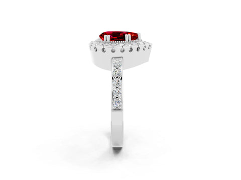 White gold Pear Cut Ruby Halo Ring with Pavé Band and Prong Setting_2