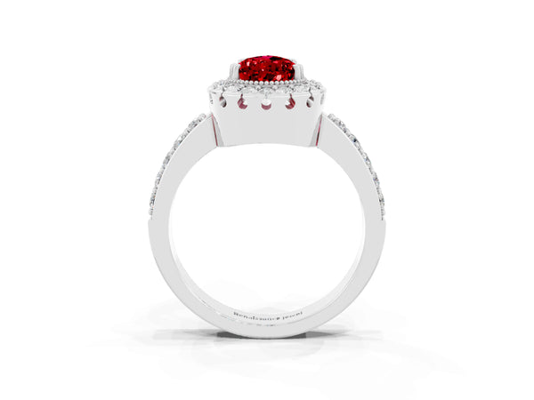 Platinum Pear Cut Ruby Halo Ring with Pavé Band and Prong Setting