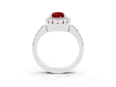 White gold Pear Cut Ruby Halo Ring with Pavé Band and Prong Setting_3