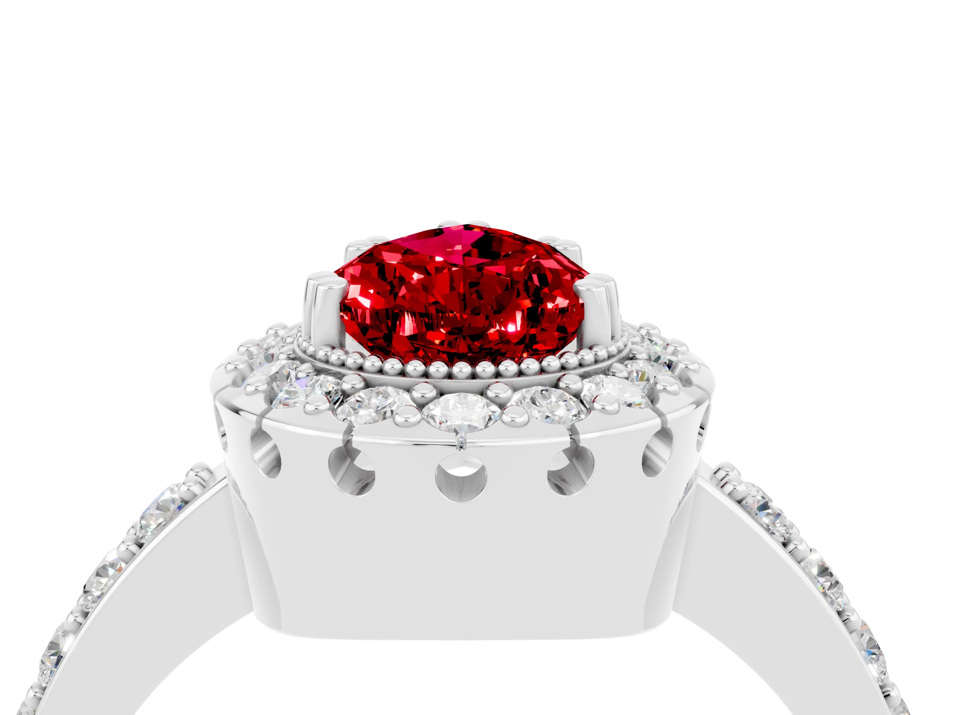 White gold Pear Cut Ruby Halo Ring with Pavé Band and Prong Setting_4