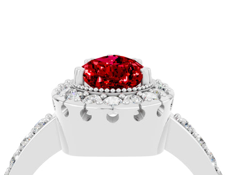 White gold Pear Cut Ruby Halo Ring with Pavé Band and Prong Setting_4