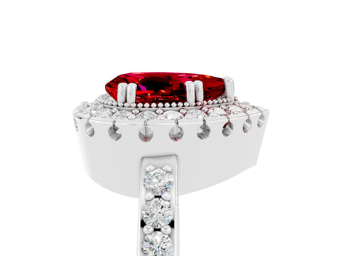 White gold Pear Cut Ruby Halo Ring with Pavé Band and Prong Setting_5