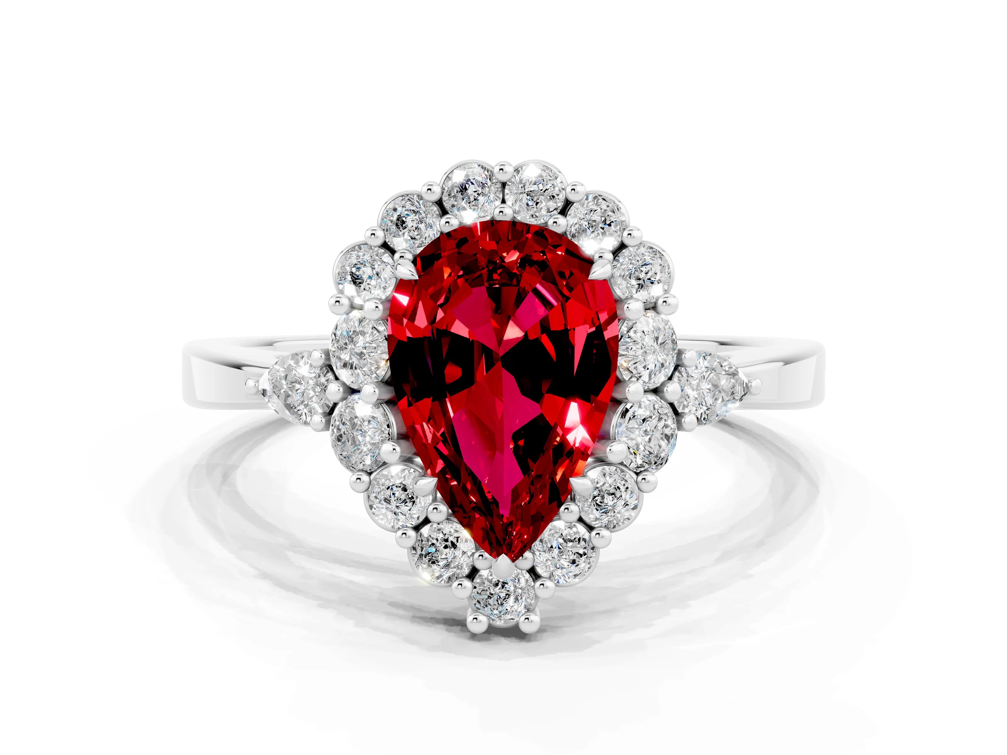 White gold Pear Cut Ruby Halo Ring with Pear Side Stones and Prong Setting_24