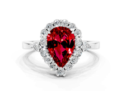 White gold Pear Cut Ruby Halo Ring with Pear Side Stones and Prong Setting_24