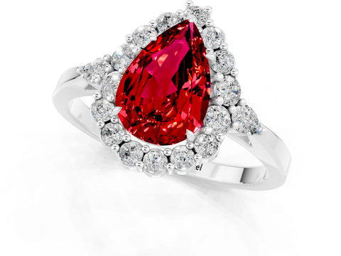 White gold Pear Cut Ruby Halo Ring with Pear Side Stones and Prong Setting_25
