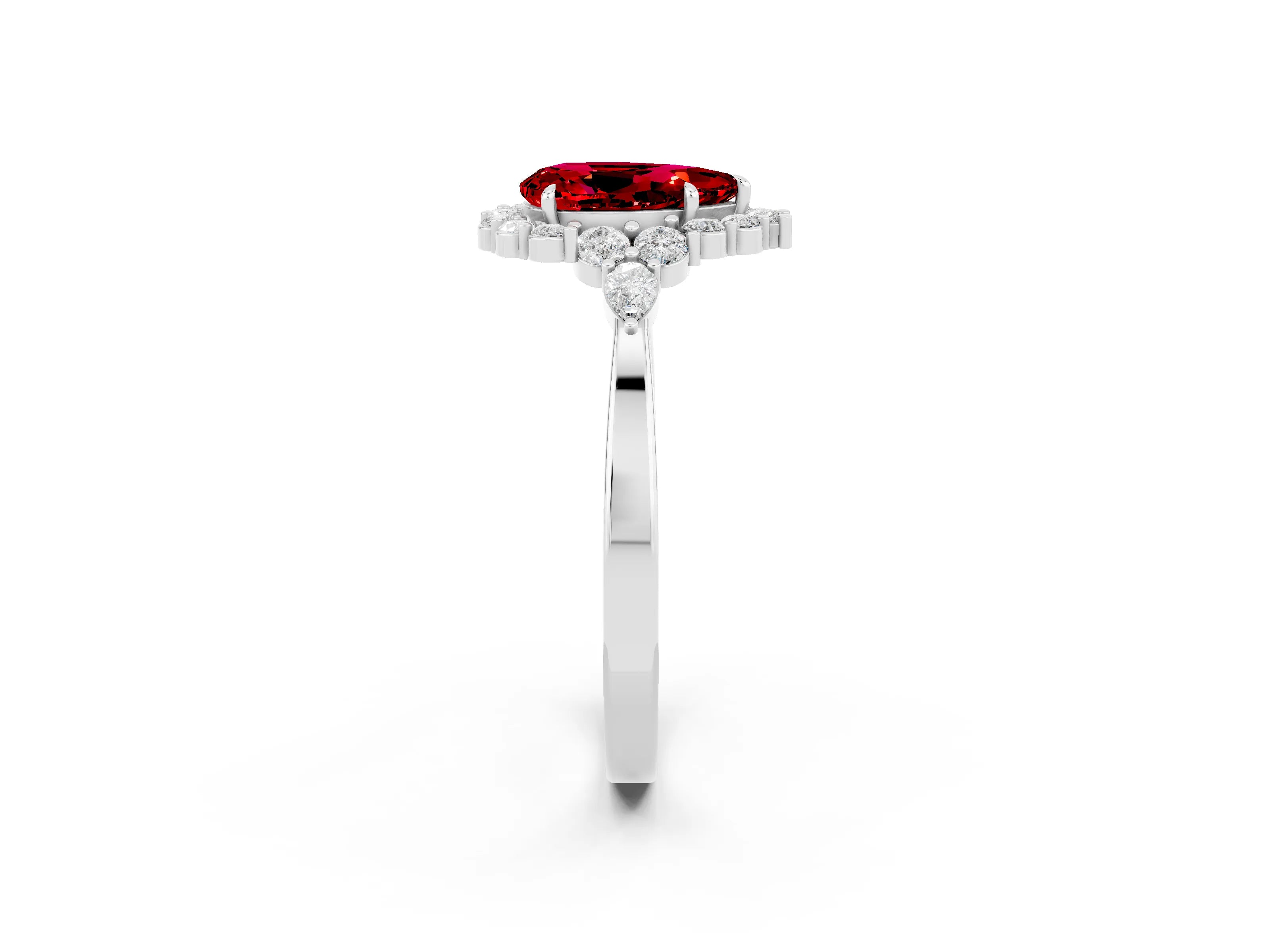 White gold Pear Cut Ruby Halo Ring with Pear Side Stones and Prong Setting_26