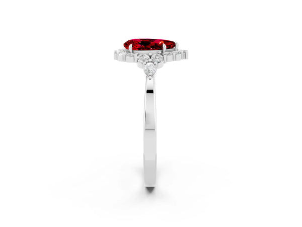 Platinum Pear Cut Ruby Halo Ring with Pear Side Stones and Prong Setting