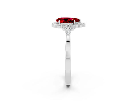 White gold Pear Cut Ruby Halo Ring with Pear Side Stones and Prong Setting_26