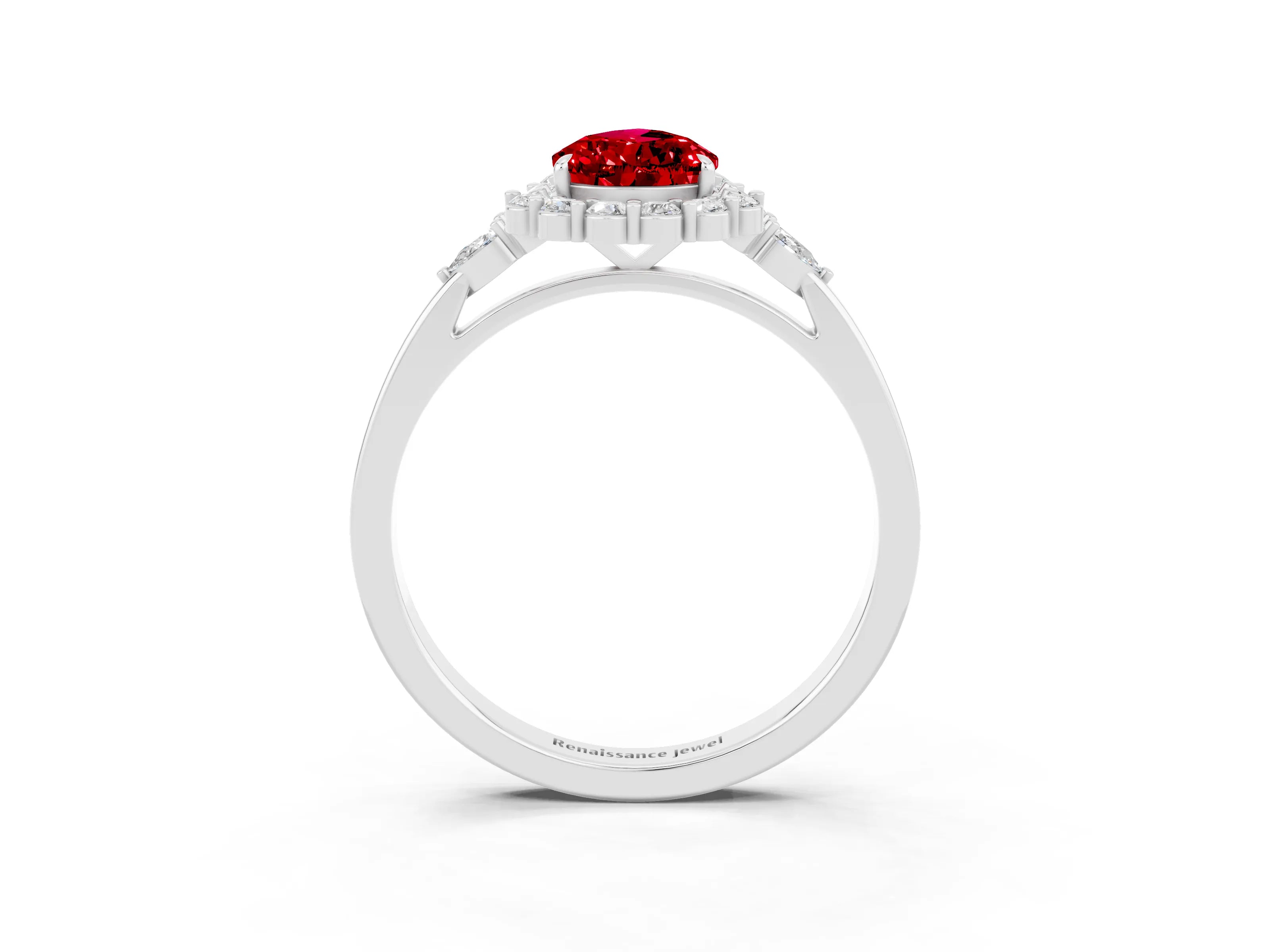 White gold Pear Cut Ruby Halo Ring with Pear Side Stones and Prong Setting_27