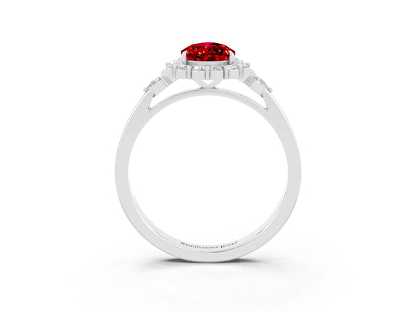 Platinum Pear Cut Ruby Halo Ring with Pear Side Stones and Prong Setting