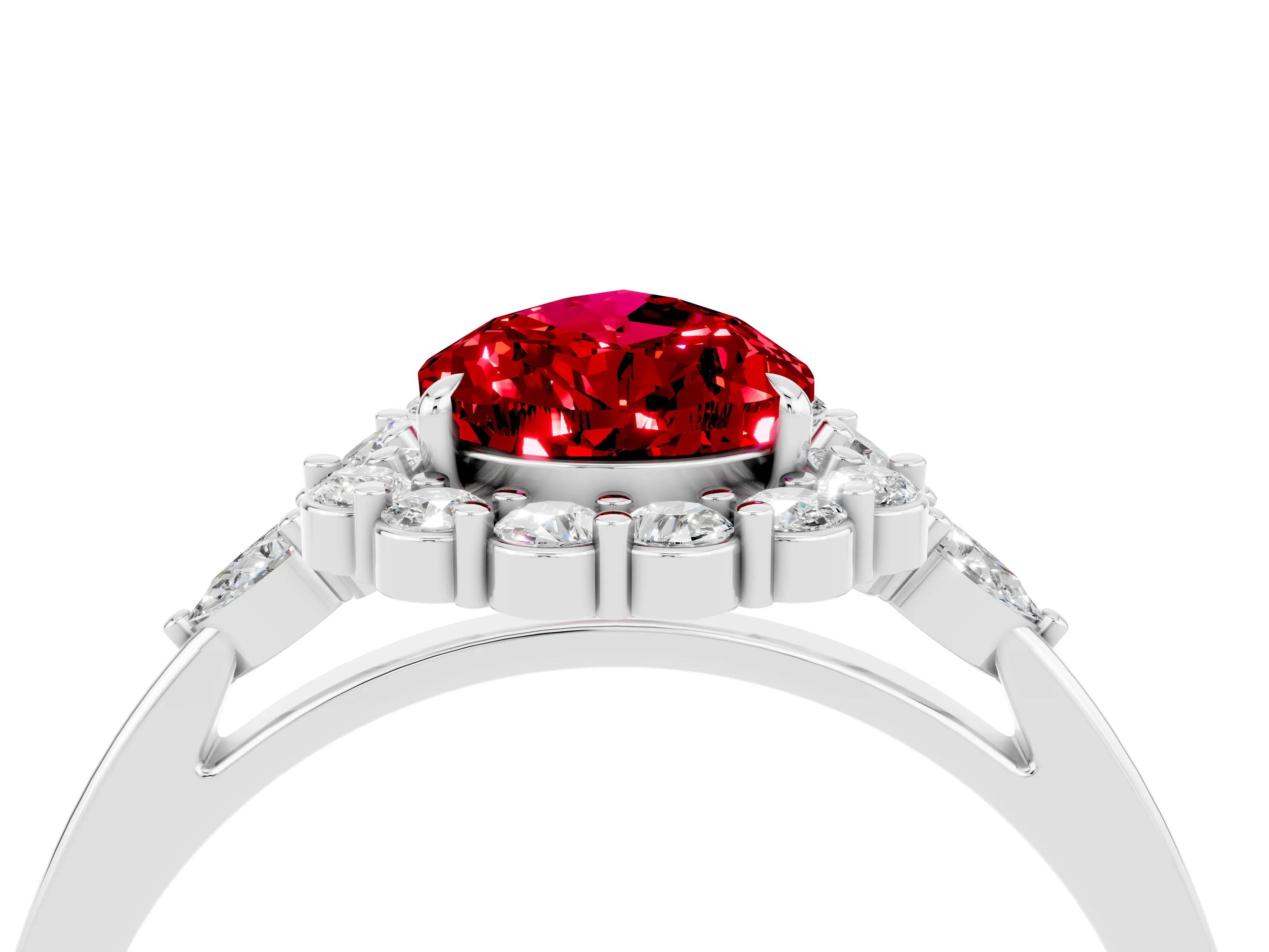 White gold Pear Cut Ruby Halo Ring with Pear Side Stones and Prong Setting_28