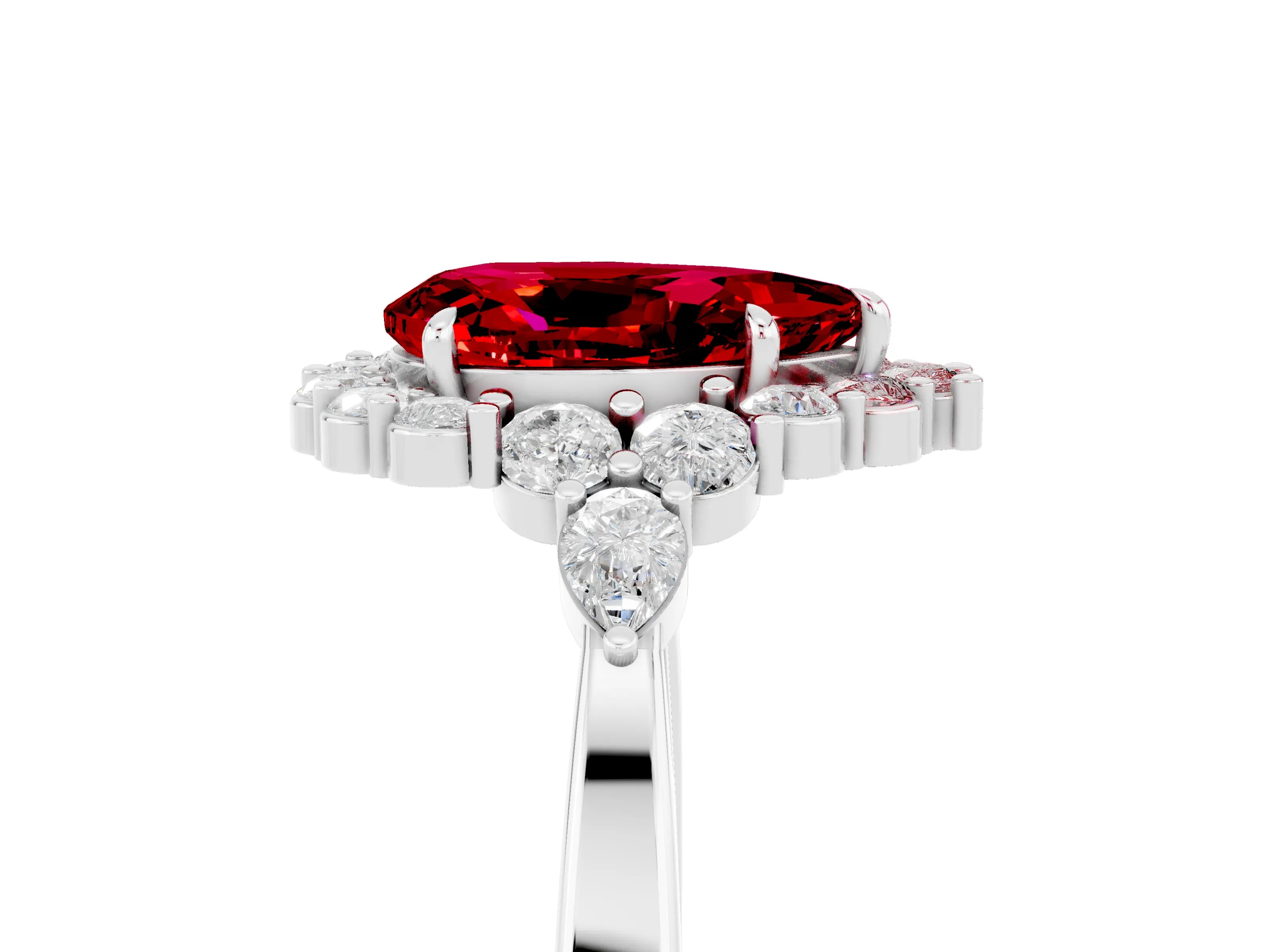 White gold Pear Cut Ruby Halo Ring with Pear Side Stones and Prong Setting_29