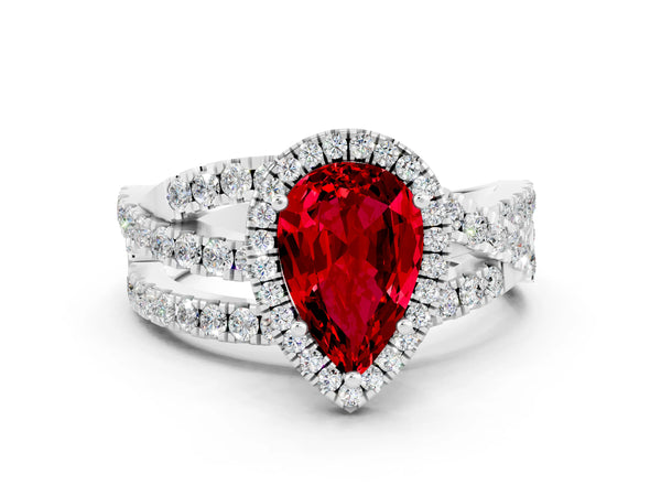 Platinum Pear Cut Ruby Halo Ring with Round Split Shank and Prong Setting
