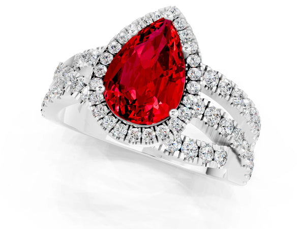 Platinum Pear Cut Ruby Halo Ring with Round Split Shank and Prong Setting