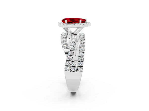 Silver Pear Cut Ruby Halo Ring with Round Split Shank and Prong Setting