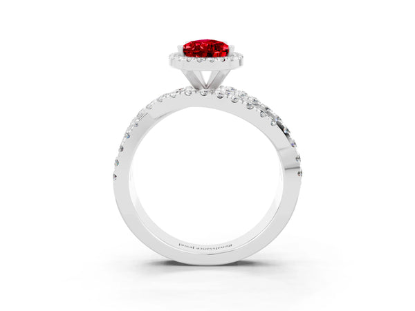 Platinum Pear Cut Ruby Halo Ring with Round Split Shank and Prong Setting