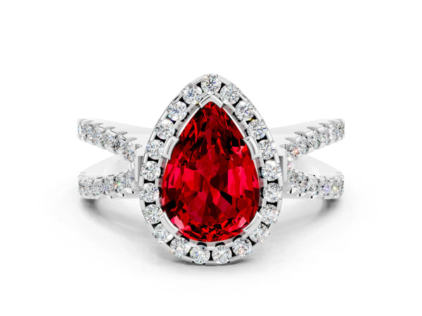 Platinum Pear Cut Ruby Halo Ring with Split Shank Pavé Band and Prong Setting