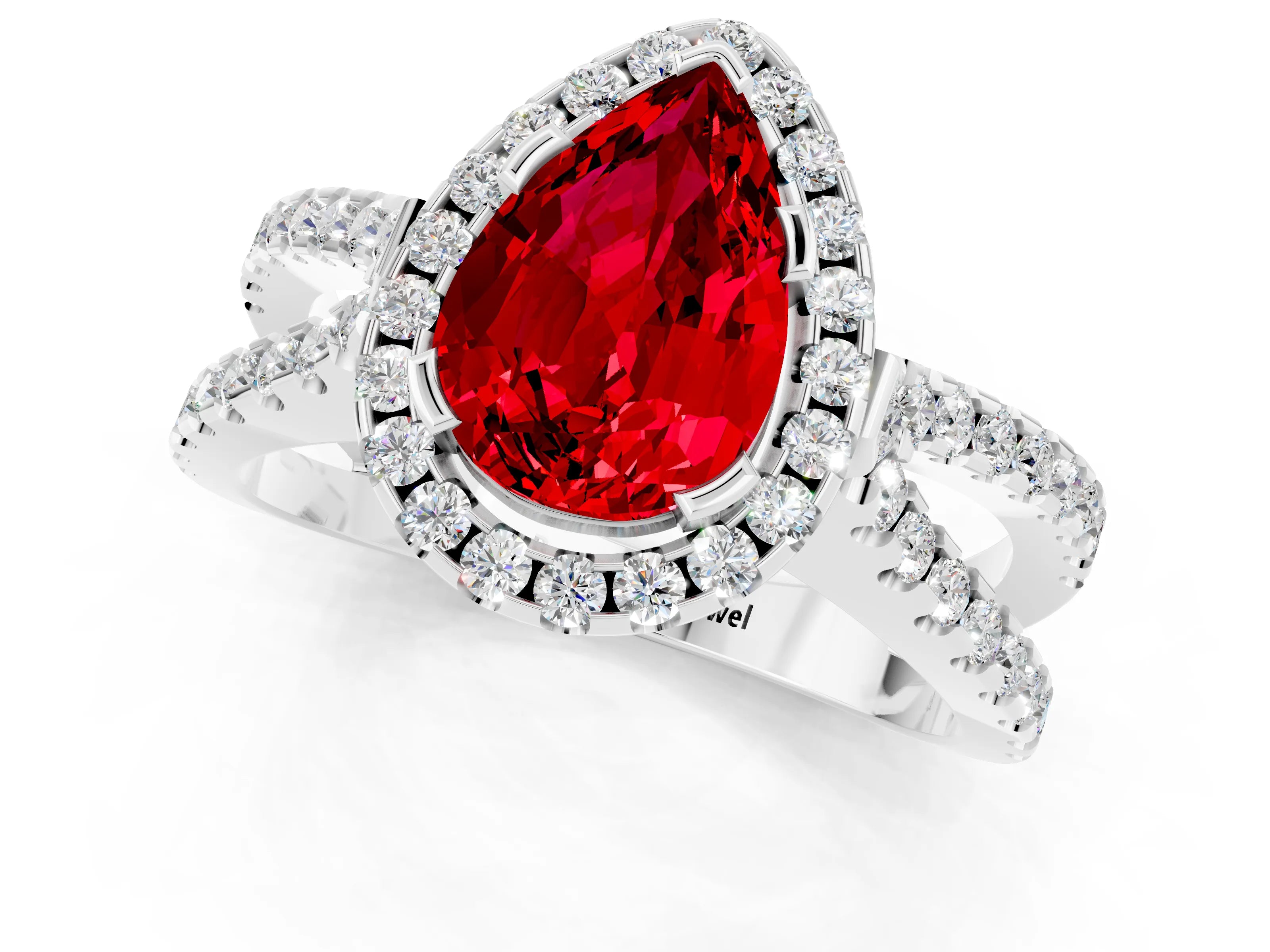 White gold Pear Cut Ruby Halo Ring with Split Shank Pavé Band and Prong Setting_1