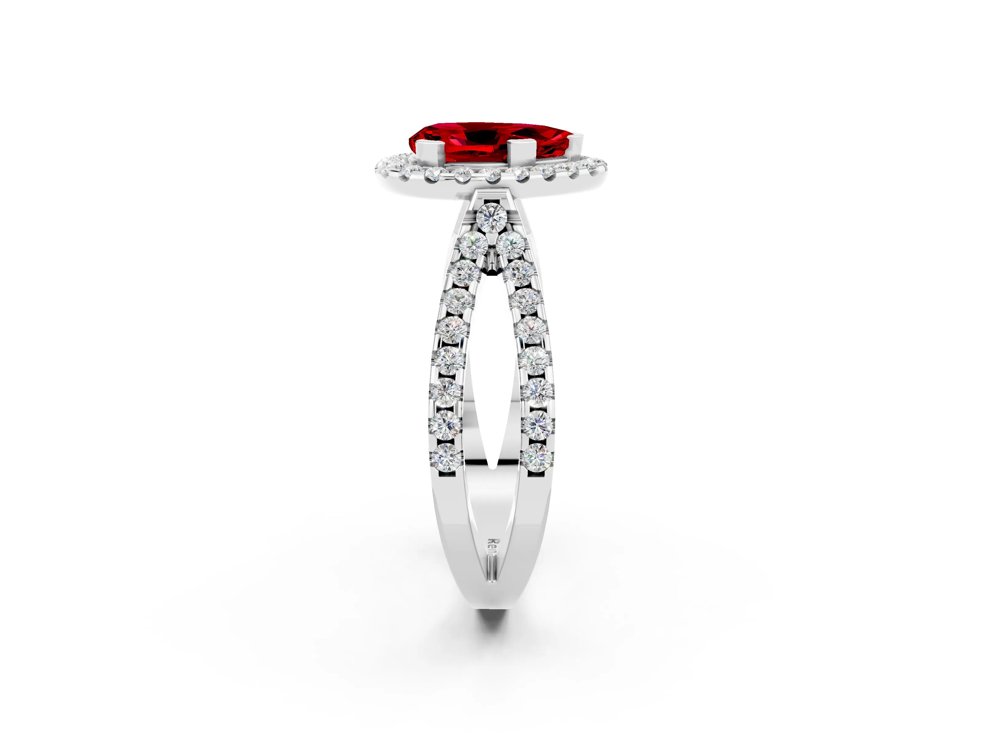 White gold Pear Cut Ruby Halo Ring with Split Shank Pavé Band and Prong Setting_2