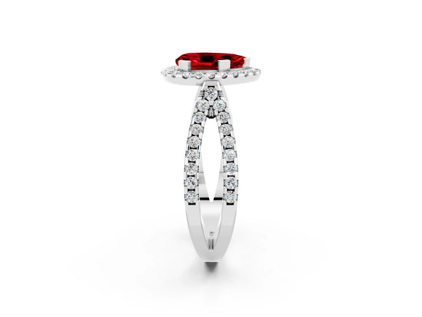 Silver Pear Cut Ruby Halo Ring with Split Shank Pavé Band and Prong Setting