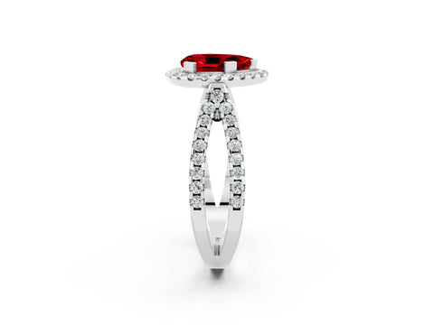 White gold Pear Cut Ruby Halo Ring with Split Shank Pavé Band and Prong Setting_2