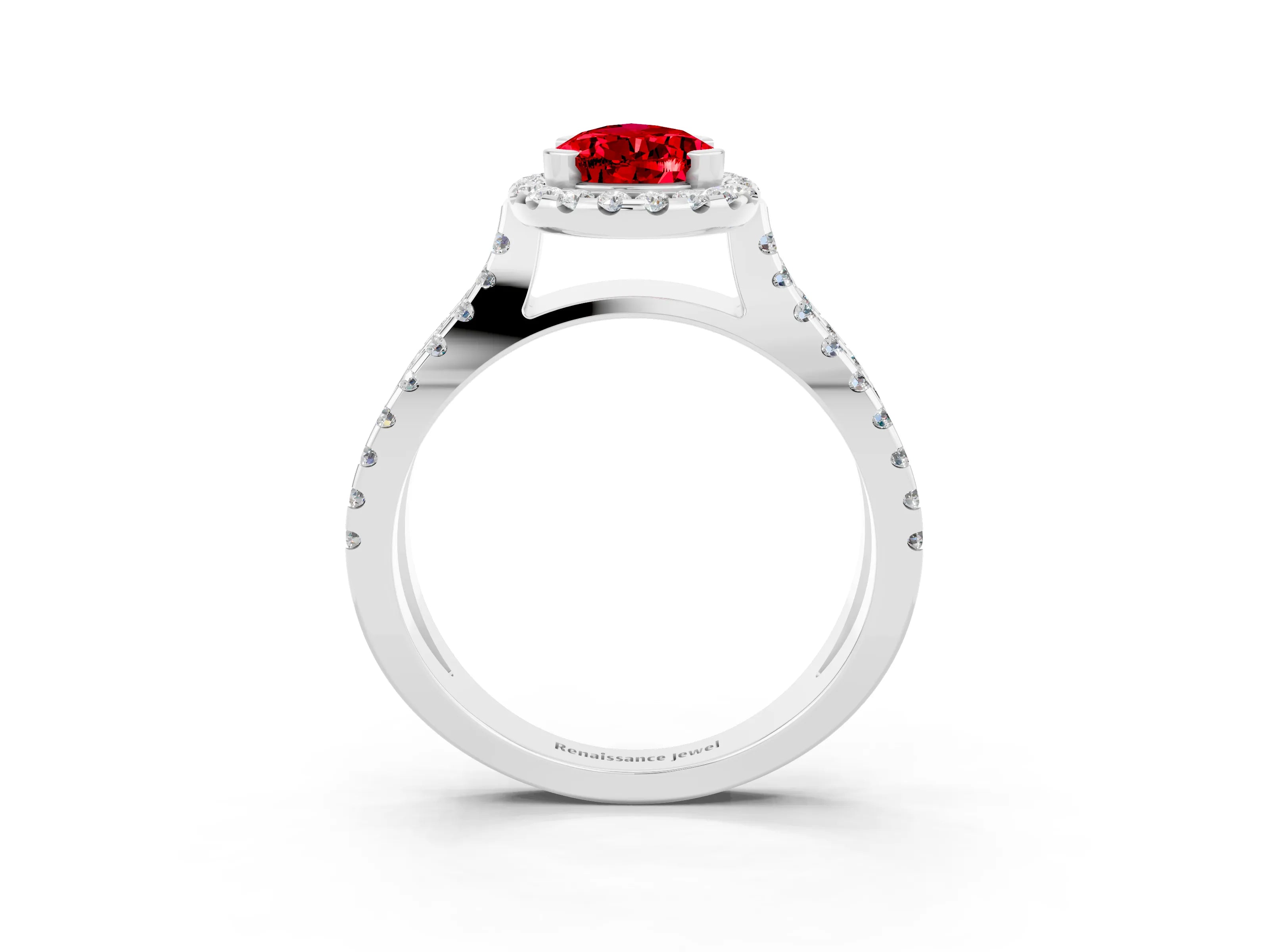 White gold Pear Cut Ruby Halo Ring with Split Shank Pavé Band and Prong Setting_3