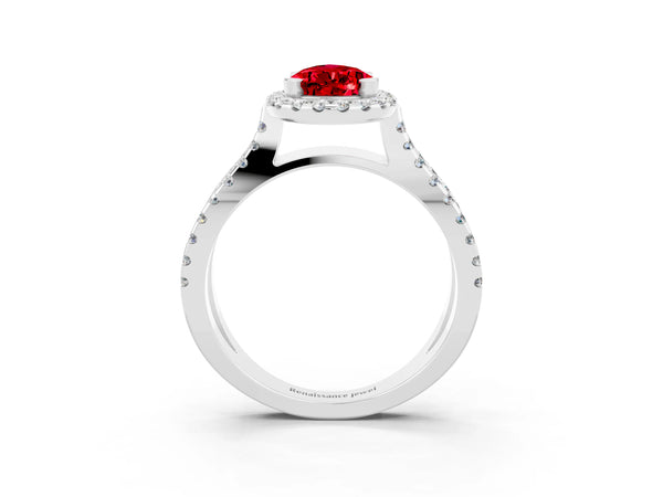 White gold Pear Cut Ruby Halo Ring with Split Shank Pavé Band and Prong Setting