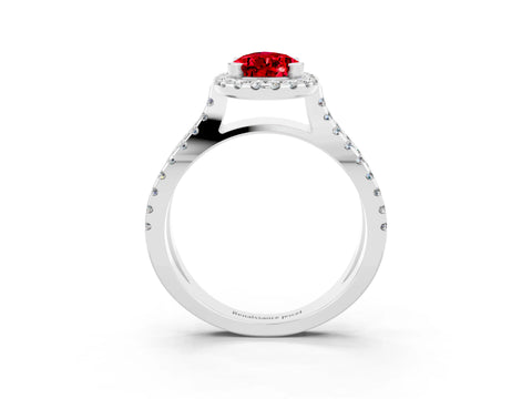 White gold Pear Cut Ruby Halo Ring with Split Shank Pavé Band and Prong Setting_3