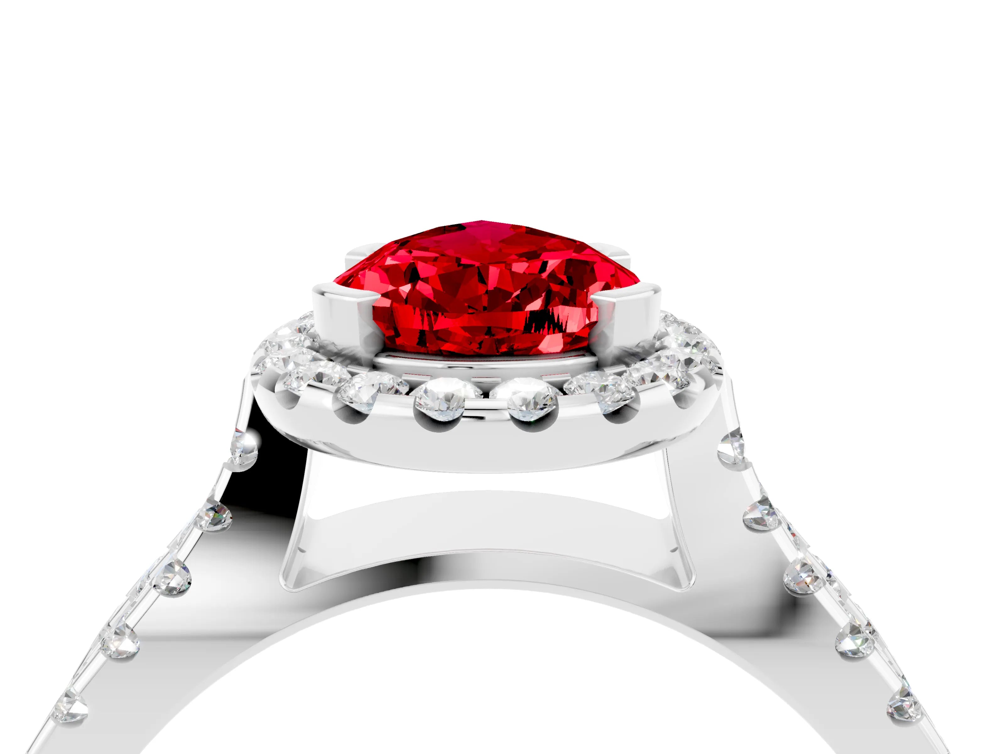 White gold Pear Cut Ruby Halo Ring with Split Shank Pavé Band and Prong Setting_4