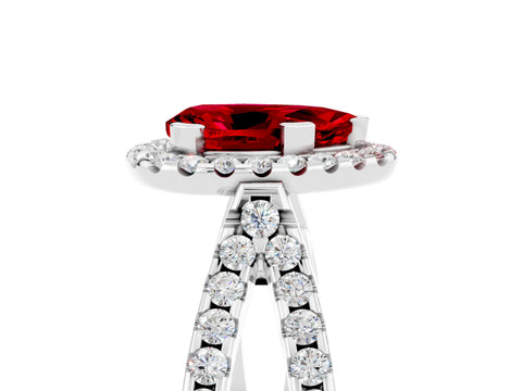 White gold Pear Cut Ruby Halo Ring with Split Shank Pavé Band and Prong Setting_5