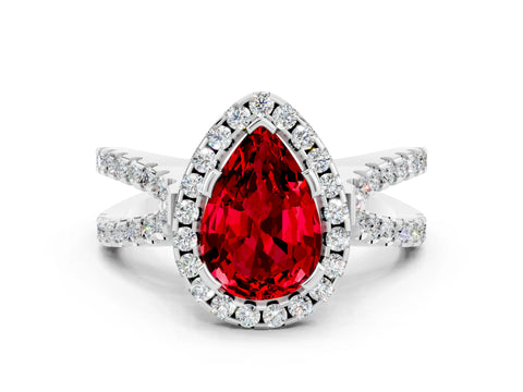 White gold Pear Cut Ruby Halo Ring with Split Shank Pavé Band and Prong Setting