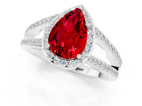 White gold Pear Cut Ruby Halo Ring with Split Shank U-Prong Band and Four-Prong Setting_1