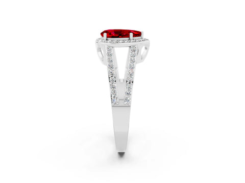 White gold Pear Cut Ruby Halo Ring with Split Shank U-Prong Band and Four-Prong Setting_2