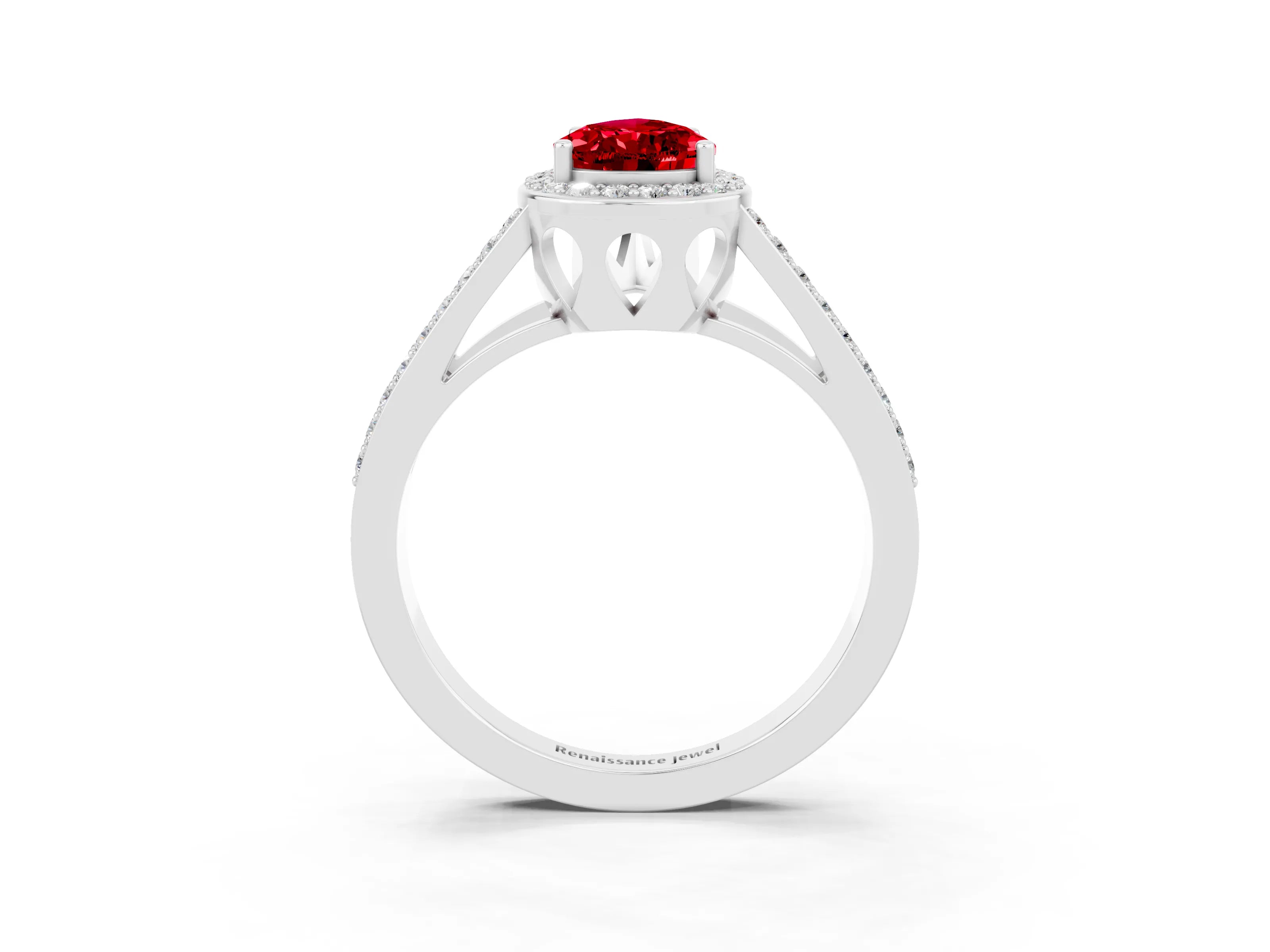 White gold Pear Cut Ruby Halo Ring with Split Shank U-Prong Band and Four-Prong Setting_3