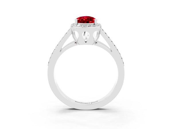 Silver Pear Cut Ruby Halo Ring with Split Shank U-Prong Band and Four-Prong Setting