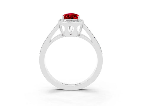 White gold Pear Cut Ruby Halo Ring with Split Shank U-Prong Band and Four-Prong Setting_3