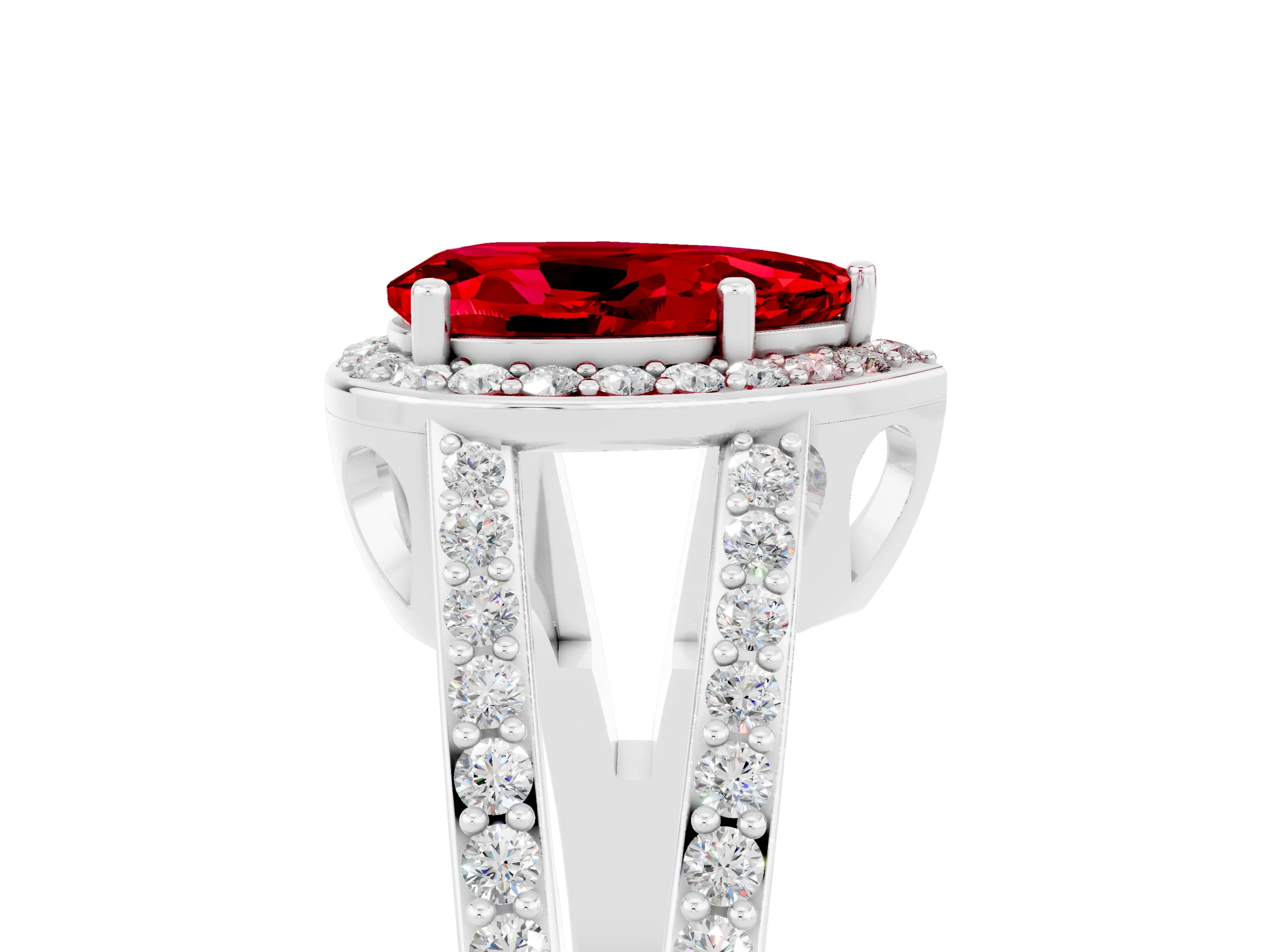 White gold Pear Cut Ruby Halo Ring with Split Shank U-Prong Band and Four-Prong Setting_5