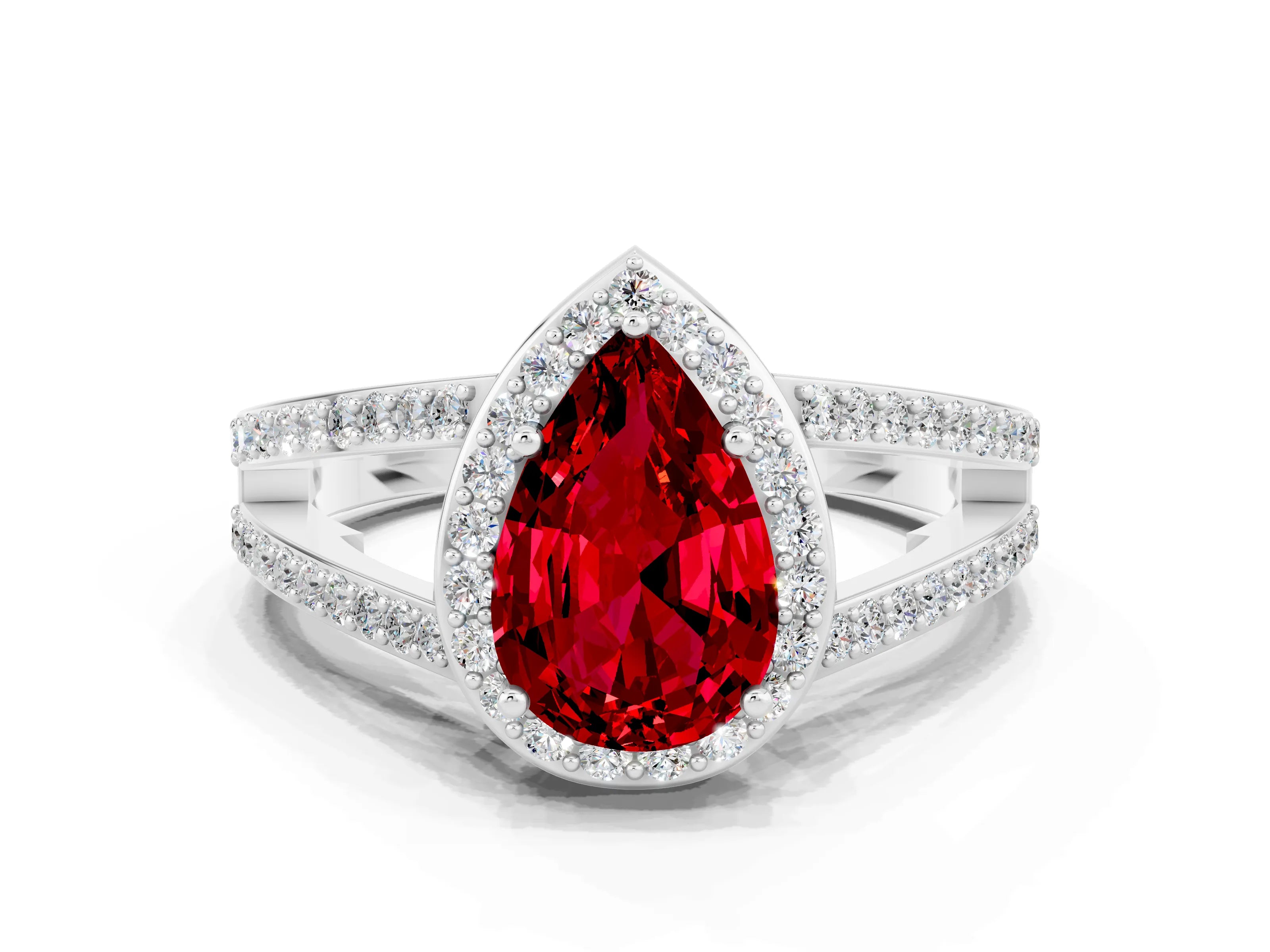 White gold Pear Cut Ruby Halo Ring with Split Shank U-Prong Band and Four-Prong Setting