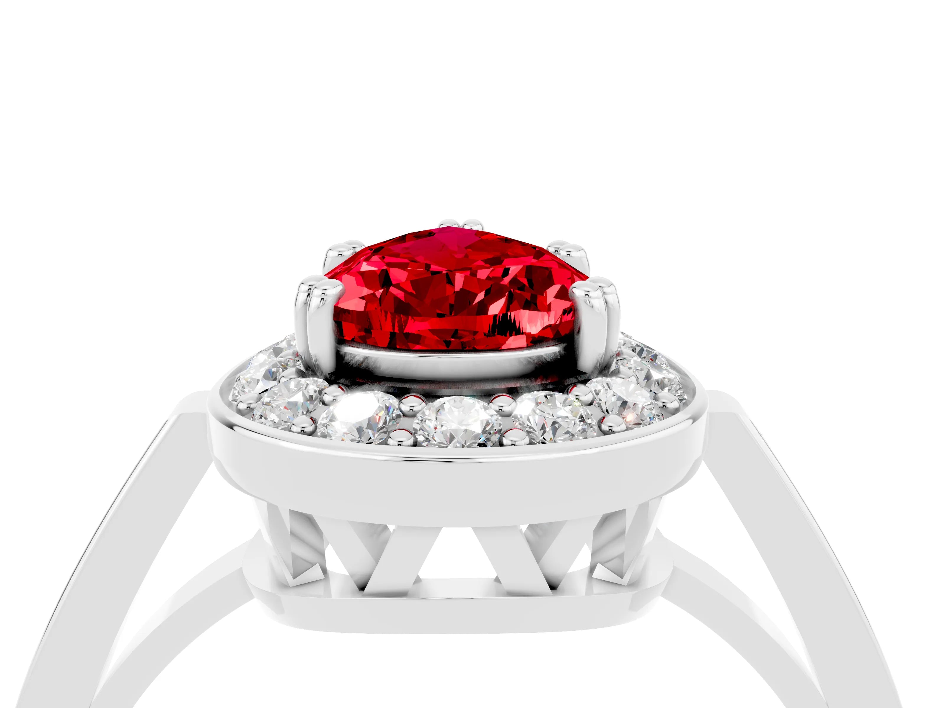 White gold Pear Cut Ruby Halo Ring with Split Shank and Four-Prong Setting_16